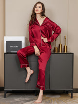 [Rojo Oscuro] SilkSilky-ES Long Sleeve Lapel Collar Pijamas de mujer 002