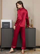 [Rojo Oscuro] SilkSilky-ES Long Sleeve Lapel Collar Pijamas de mujer 003