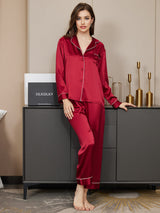 [Rojo Oscuro] SilkSilky-ES Long Sleeve Lapel Collar Pijamas de mujer 004