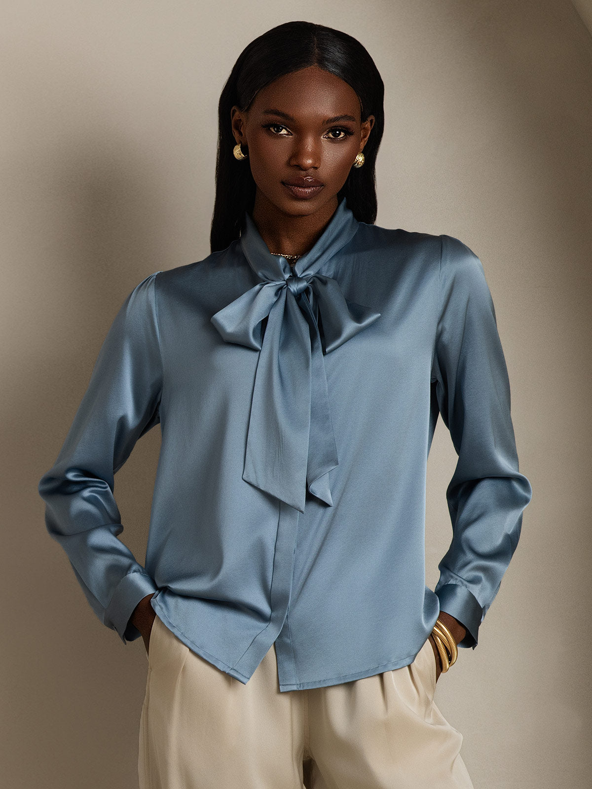 [Azul Grisáceo] SilkSilky-ES 19Momme Manga larga Cuello Lazo Blusa 001