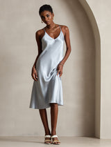 [Azul Grisáceo] SilkSilky-ES Spaghetti Strap V Neck Vestido 003