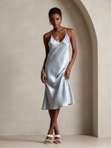 [Azul Grisáceo] SilkSilky-ES Spaghetti Strap V Neck Vestido 005