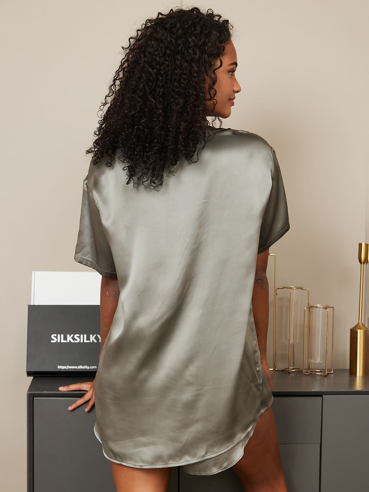 [Verde Grisáceo] SilkSilky-ES Pure Silk Manga corta Womens Pajamas 002