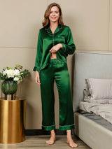 [Verde] SilkSilky-ES Long Sleeve Lapel Collar Pijamas de mujer 005