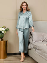 [Azul Claro] SilkSilky-ES Long Sleeve Lapel Collar Pijamas de mujer 001