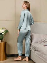 [Azul Claro] SilkSilky-ES Long Sleeve Lapel Collar Pijamas de mujer 002