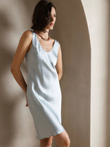 [Azul Claro] SilkSilky-ES Sin mangas Escote Cuchara Vestido 004