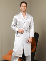 [Gris Claro] SilkSilky-ES 19Momme Seda Pura Manga larga Mens Robe 001