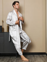 [Gris Claro] SilkSilky-ES 19Momme Seda Pura Manga larga Mens Robe 005