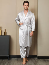 [Gris Claro] SilkSilky-ES 19Momme Seda Pura Manga larga Mens Robe 006