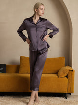 [Gris Púrpura] SilkSilky-ES Long Sleeve Lapel Collar Pijamas de mujer 001