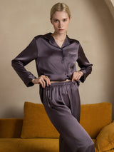 [Gris Púrpura] SilkSilky-ES Long Sleeve Lapel Collar Pijamas de mujer 003