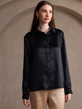 [Negro] SilkSilky-ES 19Momme Manga larga Cuello con Solapa Blusas de Mujer 001