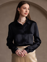 [Negro] SilkSilky-ES 19Momme Manga larga Cuello con Solapa Blusas de Mujer 002