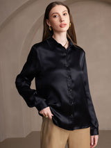 [Negro] SilkSilky-ES 19Momme Manga larga Cuello con Solapa Blusas de Mujer 003