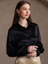 [Negro] SilkSilky-ES 19Momme Manga larga Cuello con Solapa Blusas de Mujer 004
