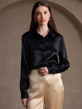 [Negro] SilkSilky-ES 19Momme Manga larga Cuello con Solapa Blusas de Mujer 005