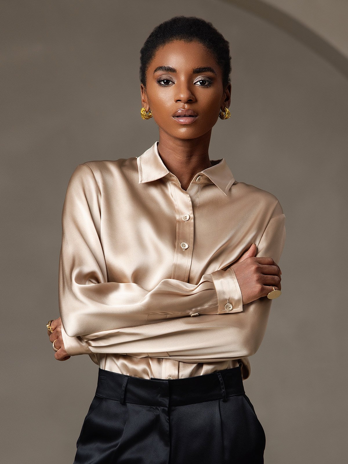 [Champán] SilkSilky-ES Long Sleeve Lapel Collar Blusas de Mujer 001