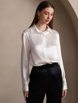 [Blanco] SilkSilky-ES 19Momme Manga larga Cuello con Solapa Blusas de Mujer 001