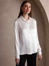 [Blanco] SilkSilky-ES 19Momme Manga larga Cuello con Solapa Blusas de Mujer 003