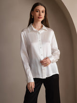 [Blanco] SilkSilky-ES 19Momme Manga larga Cuello con Solapa Blusas de Mujer 004