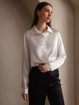 [Blanco] SilkSilky-ES 19Momme Manga larga Cuello con Solapa Blusas de Mujer 006