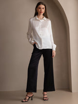 [Blanco] SilkSilky-ES 19Momme Manga larga Cuello con Solapa Blusas de Mujer 007