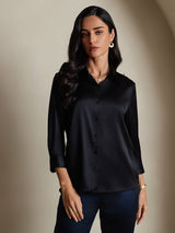 [Negro] SilkSilky-ES 3/4 Sleeve Lapel Collar Blusas de Mujer 001