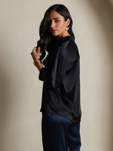[Negro] SilkSilky-ES 3/4 Sleeve Lapel Collar Blusas de Mujer 002