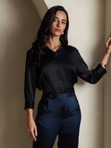 [Negro] SilkSilky-ES 3/4 Sleeve Lapel Collar Blusas de Mujer 003