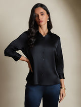 [Negro] SilkSilky-ES 3/4 Sleeve Lapel Collar Blusas de Mujer 004