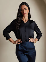 [Negro] SilkSilky-ES 3/4 Sleeve Lapel Collar Blusas de Mujer 005