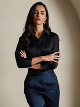 [Negro] SilkSilky-ES 3/4 Sleeve Lapel Collar Blusas de Mujer 006