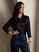 [Negro] SilkSilky-ES 3/4 Sleeve Lapel Collar Blusas de Mujer 007
