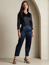 [Negro] SilkSilky-ES 3/4 Sleeve Lapel Collar Blusas de Mujer 008