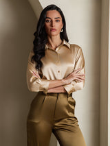 [Champán] SilkSilky-ES 3/4 Sleeve Lapel Collar Blusas de Mujer 001