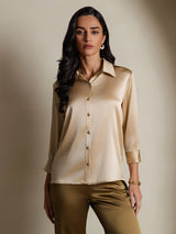 [Champán] SilkSilky-ES 3/4 Sleeve Lapel Collar Blusas de Mujer 003