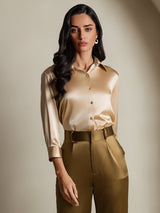 [Champán] SilkSilky-ES 3/4 Sleeve Lapel Collar Blusas de Mujer 004