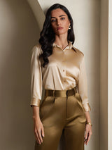 [Champán] SilkSilky-ES 3/4 Sleeve Lapel Collar Blusas de Mujer 005
