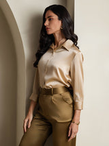 [Champán] SilkSilky-ES 3/4 Sleeve Lapel Collar Blusas de Mujer 006