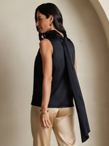 [Negro] SilkSilky-ES 19Momme Sin mangas Cuello Lazo Blusa 002