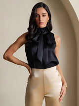 [Negro] SilkSilky-ES 19Momme Sin mangas Cuello Lazo Blusa 003