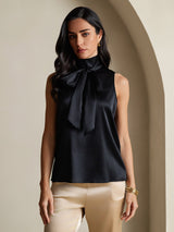 [Negro] SilkSilky-ES 19Momme Sin mangas Cuello Lazo Blusa 005