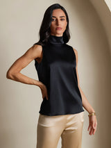 [Negro] SilkSilky-ES 19Momme Sin mangas Cuello Lazo Blusa 006