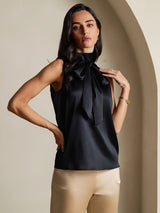 [Negro] SilkSilky-ES 19Momme Sin mangas Cuello Lazo Blusa 007