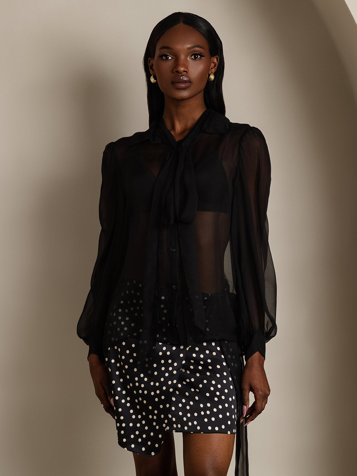 [Negro] SilkSilky-ES 6Momme Manga larga Cuello Lazo Blusas de Mujer 005