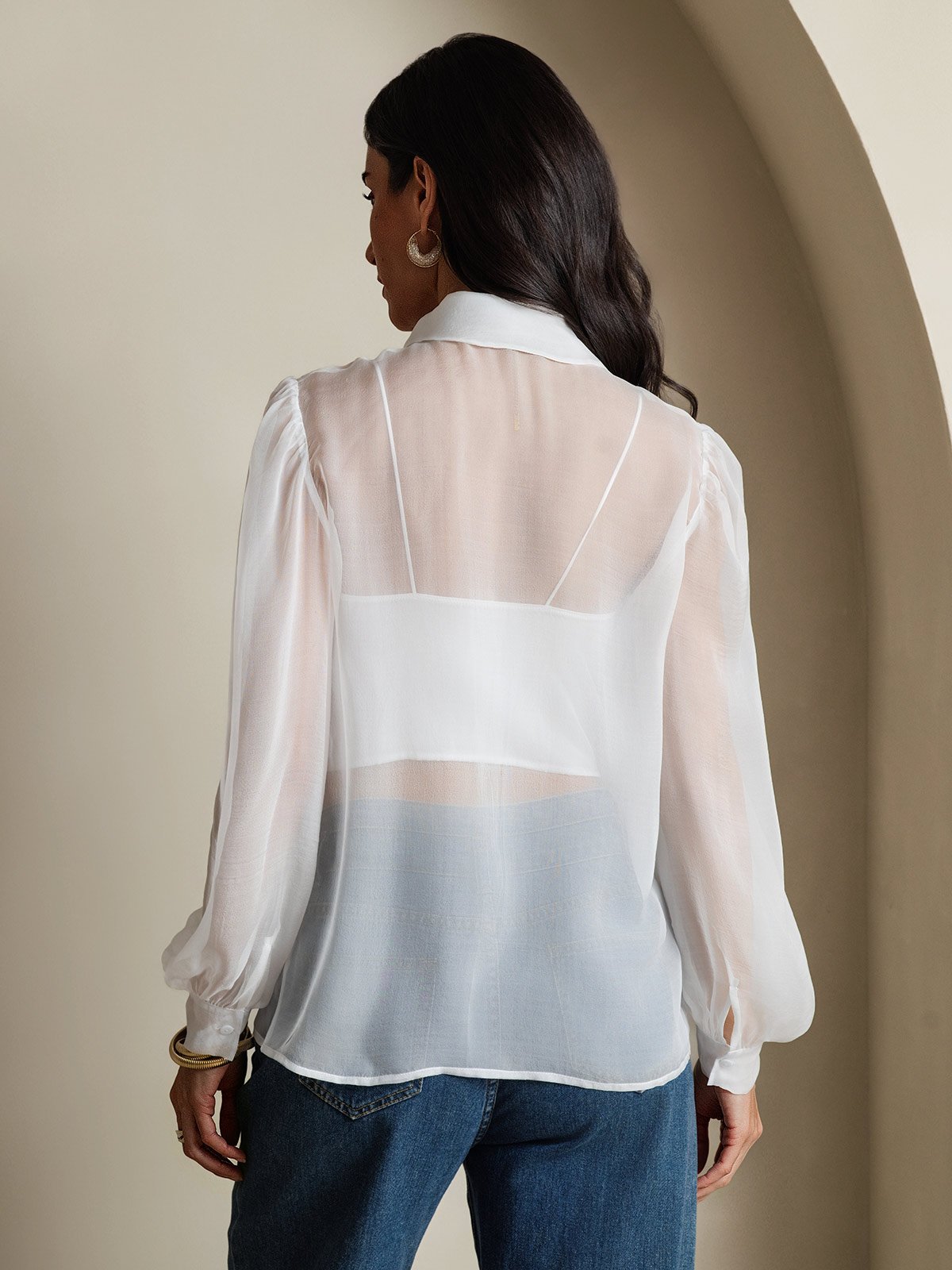 [Blanco] SilkSilky-ES 6Momme Manga larga Cuello Lazo Blusas de Mujer 002