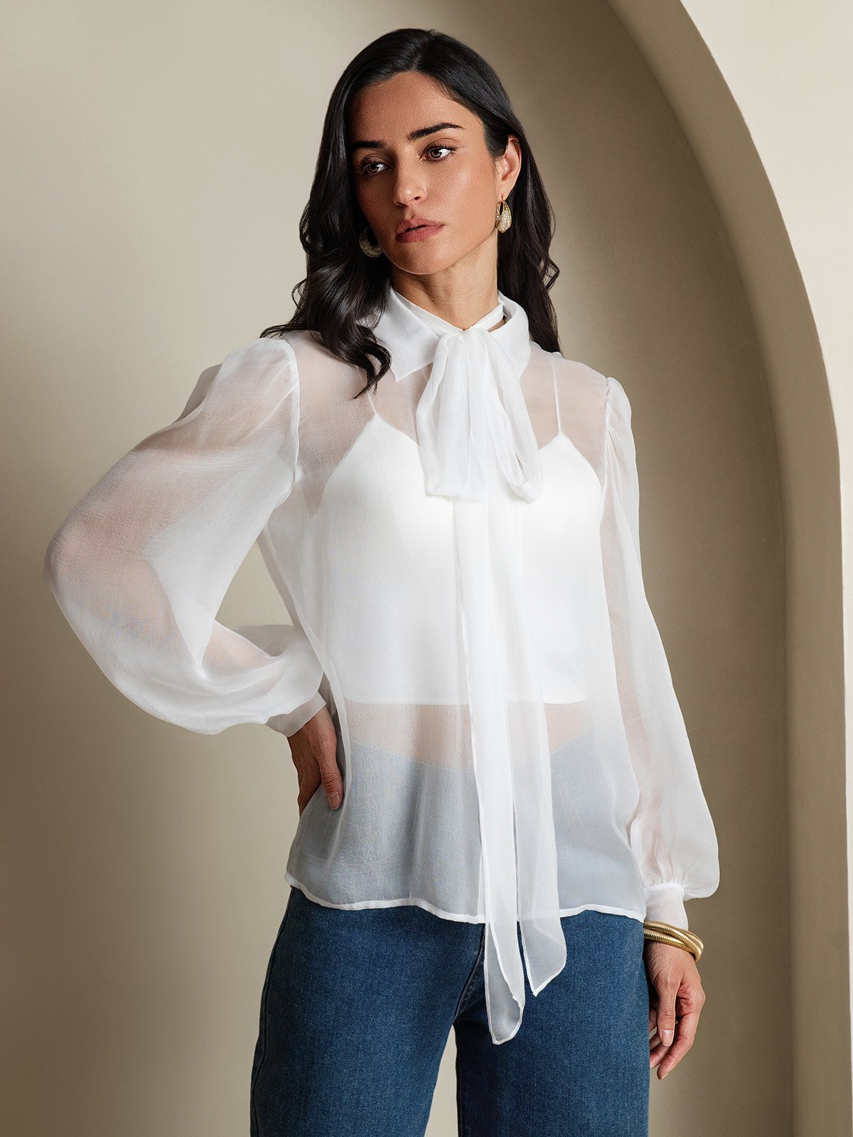 [Blanco] SilkSilky-ES 6Momme Manga larga Cuello Lazo Blusas de Mujer 003