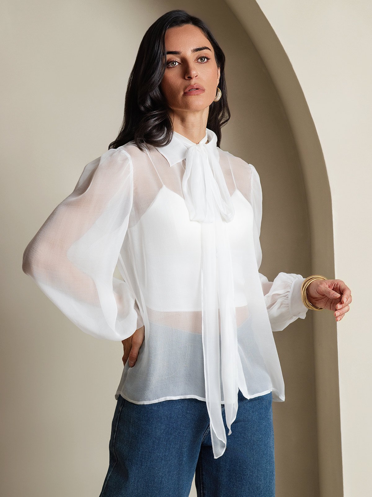 [Blanco] SilkSilky-ES 6Momme Manga larga Cuello Lazo Blusas de Mujer 004