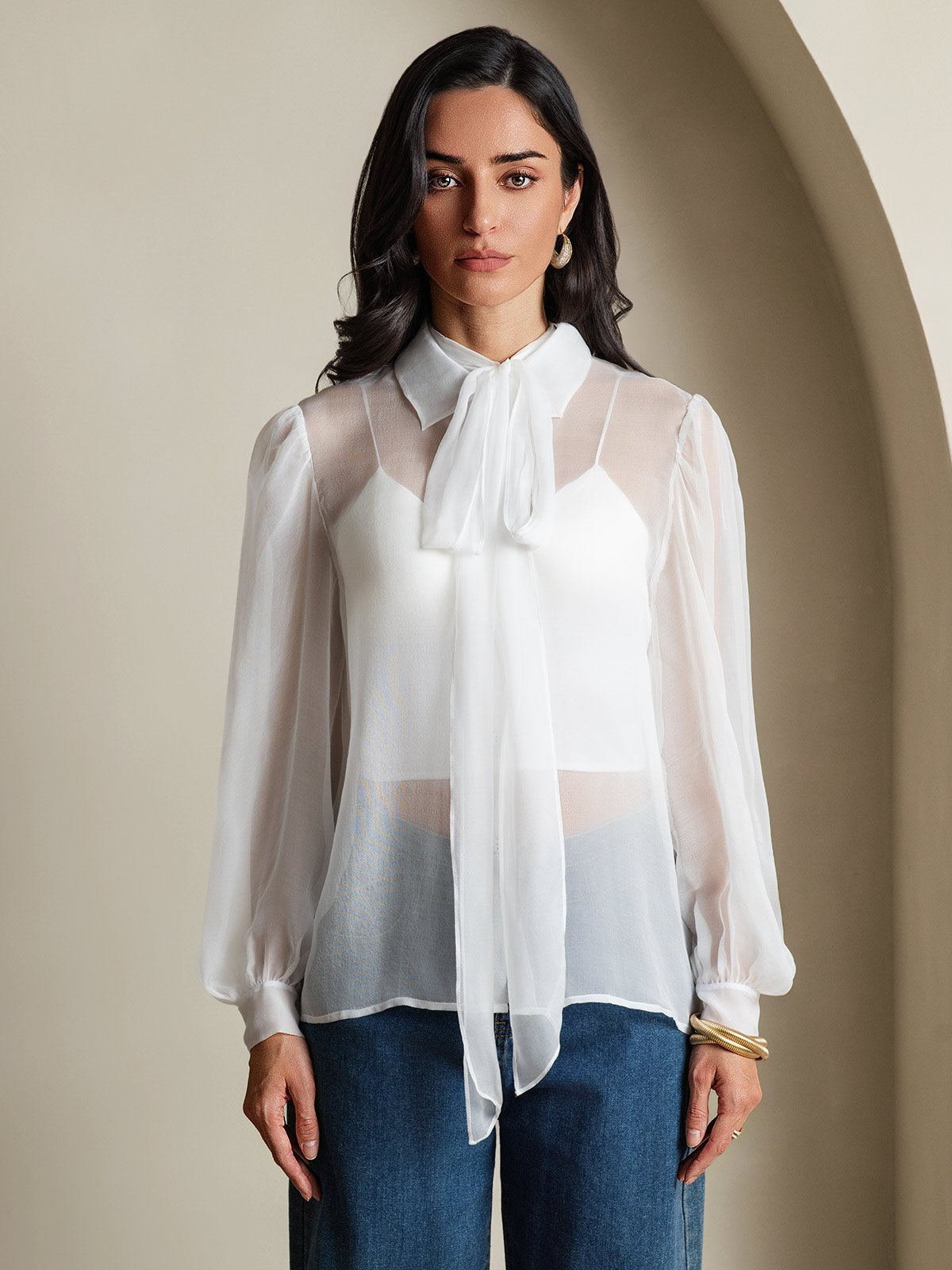 [Blanco] SilkSilky-ES 6Momme Manga larga Cuello Lazo Blusas de Mujer 005